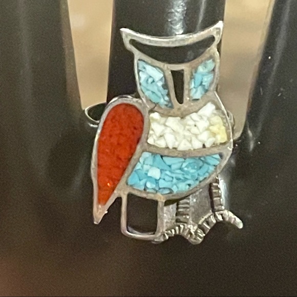 Vintage Native American Sterling silver chip inlay OWL ring sz 5 - Picture 3 of 8